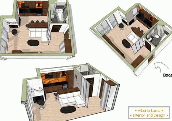 Plan małego mieszkania o powierzchni 34 metrów kwadratowych. m.