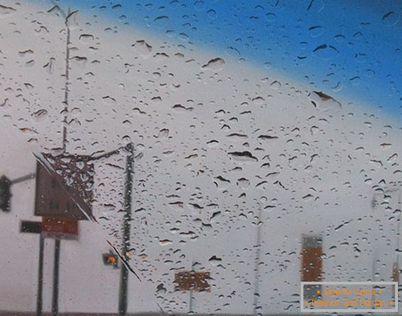Widok z samochodu w deszczu, obraz olejny