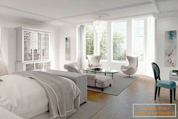 Biała szara sypialnia z pięknymi meblami