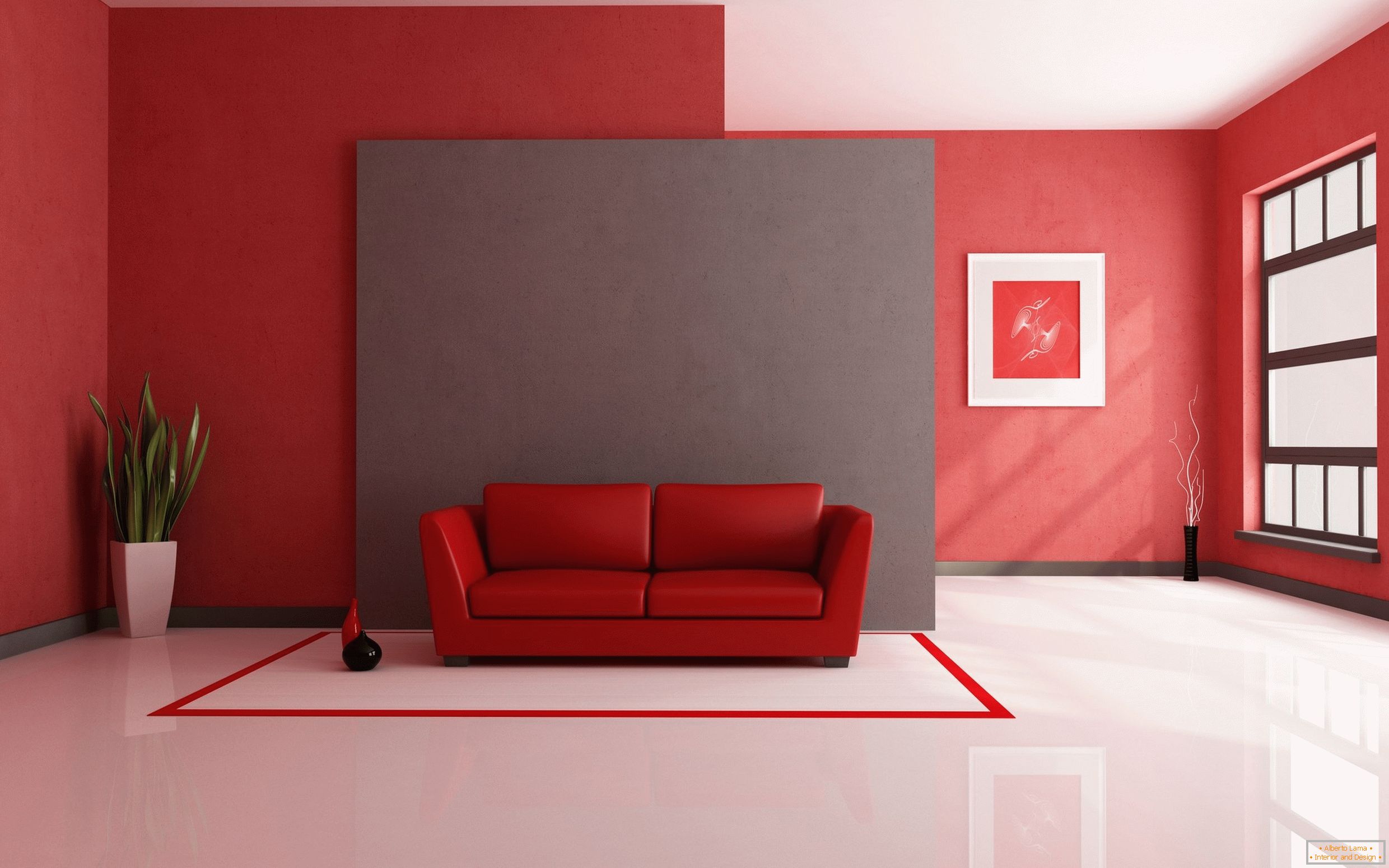 Biała podłoga w połączeniu z czerwonymi materiałami wykończeniowymi i elementami wyposażenia wnętrz