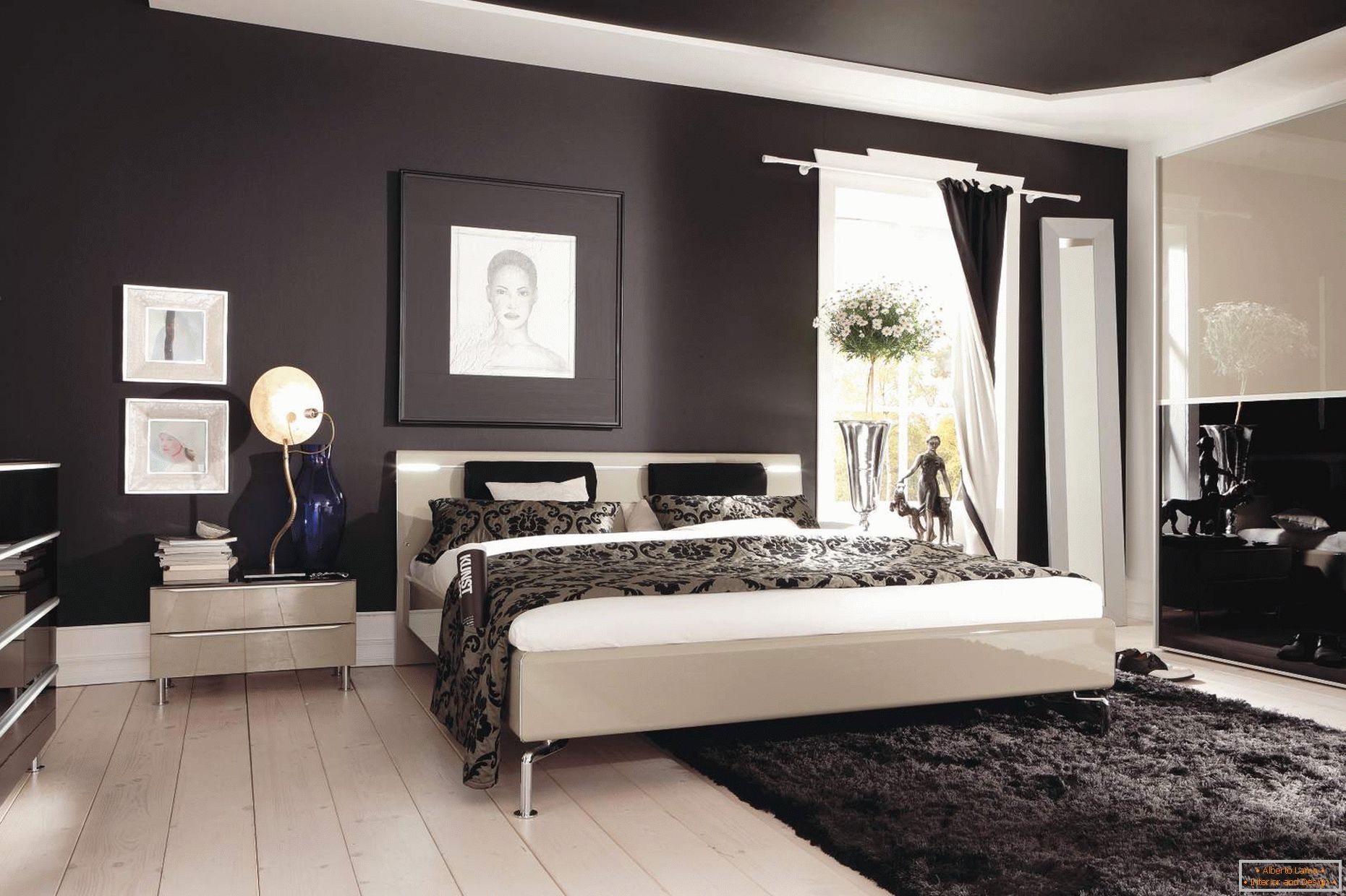 Czarny sufit i ściany w sypialni