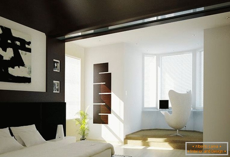 Przytulna sypialnia z czarnym sufitem i ścianami