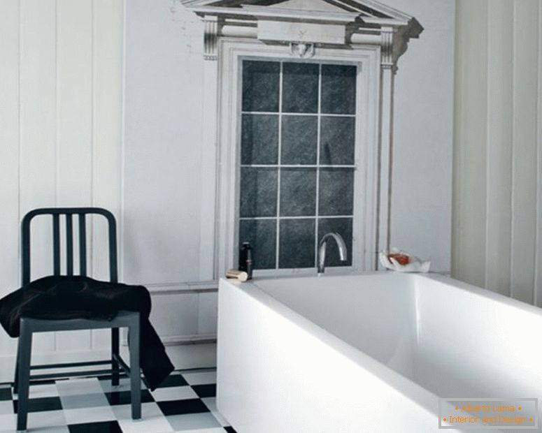 black-and-white-traditional-interior-kąpielroom-design-white-corian-square-kąpieltub-black-and-white-floor-tile-vintage-plastic-stool-white-wood-frame-window-black-and-white-kąpielroom-ideas-interior-kąpiel
