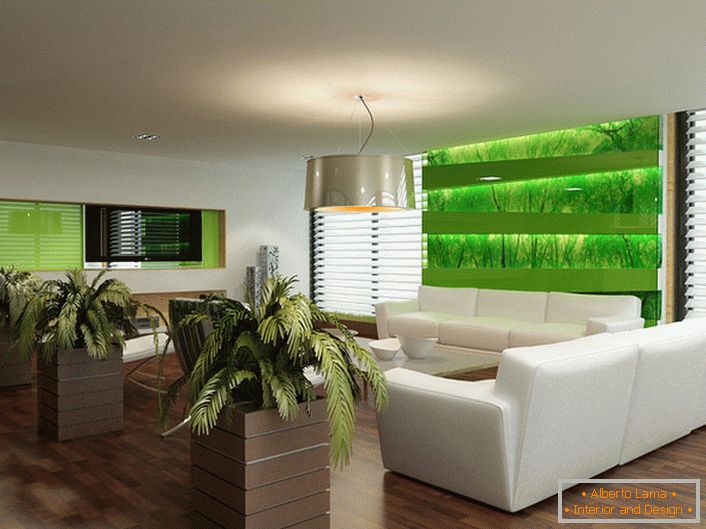 Ekologiczny styl wnętrza salonu pomaga właścicielom apartamentów i ich gościom uciec od miejskiego zamieszania.