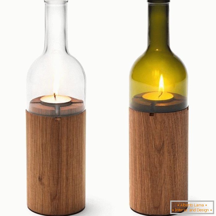 Świecznik wykonany z drewna i butelek