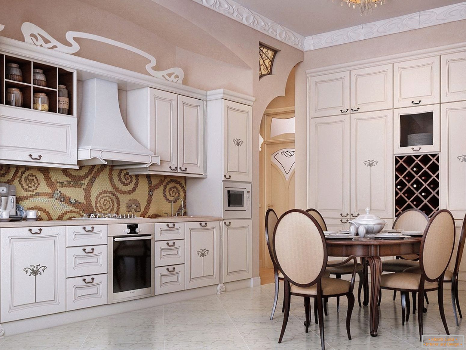 Wystrój dużej kuchni w stylu Art Nouveau