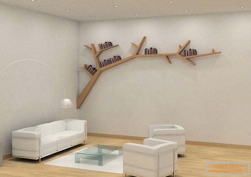 Półki w formie gałęzi w salonie