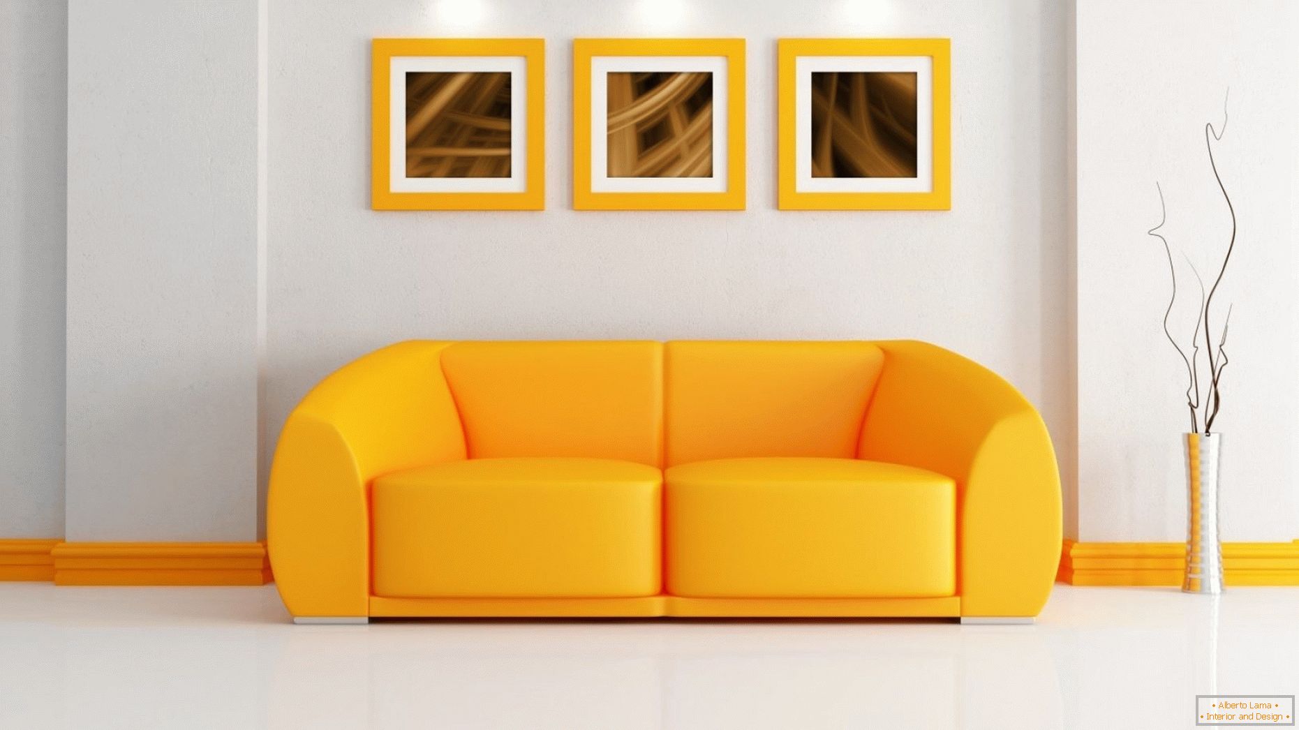 Jasne wnętrze z pomarańczową sofą