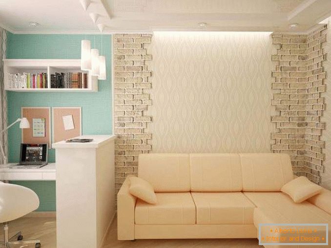 Projekt 1 pokojowego apartamentu Chruszczow - zdjęcie z narożną sofą