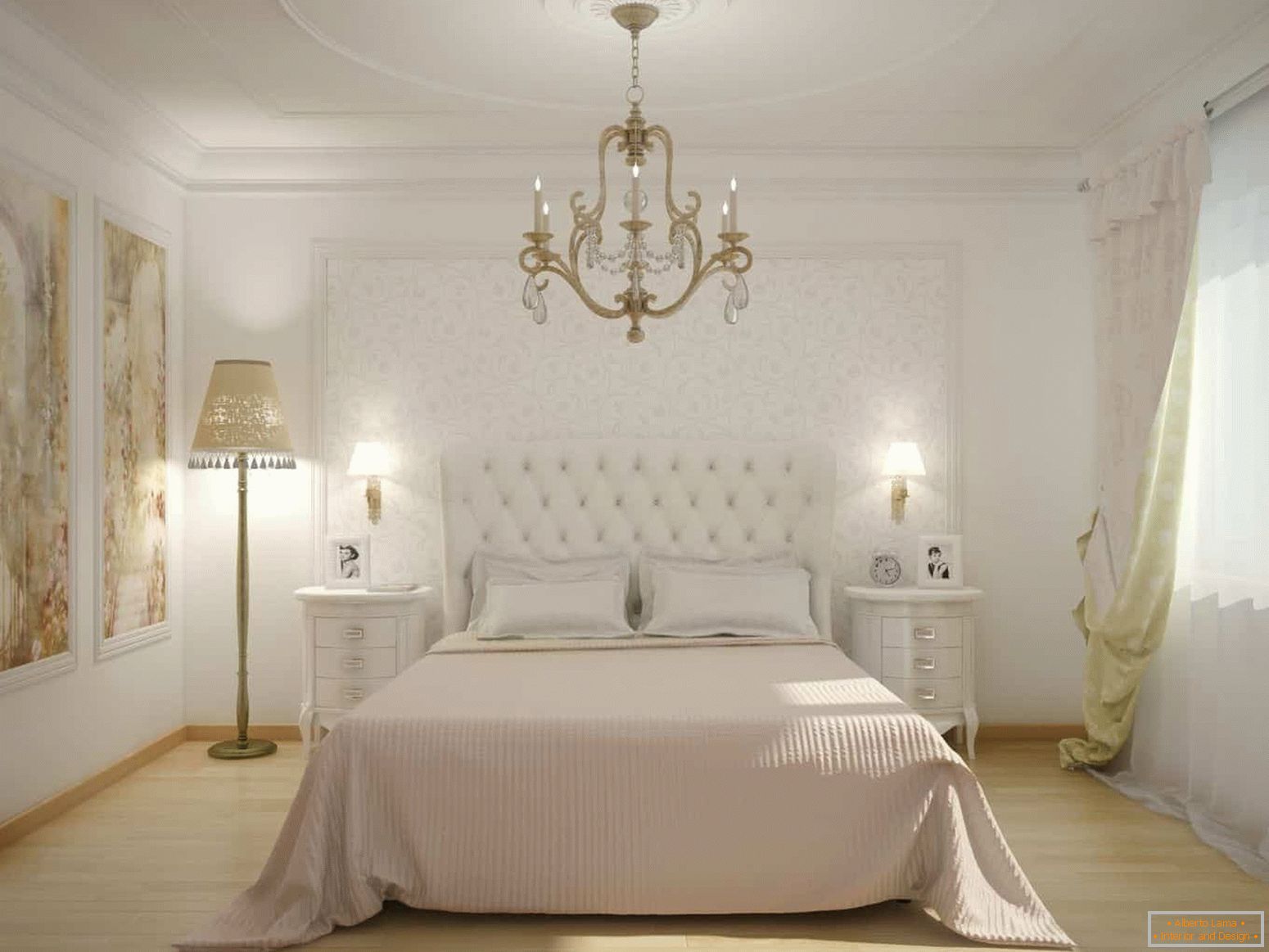 Klasyczna biała sypialnia z panelem na ścianie