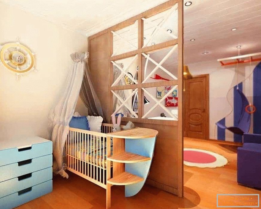Drewniana przegroda w jednym pokoju z salonu i pokoju dziecięcego