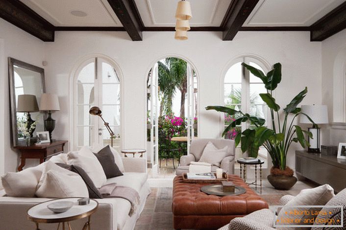 Комната для гостей оформлена в средиземноморском стиле. Elegancka dekoracja wnętrza to duża zielona roślina posadzona w ceramicznym naczyniu.
