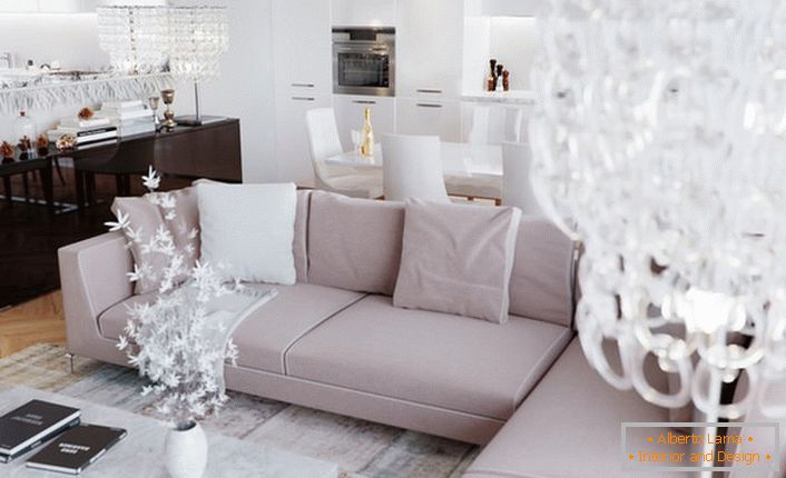 Luksusowy, efektowny design pokoju gościnnego w stylu art deco z odpowiednio dobranym oświetleniem. Styl art deco