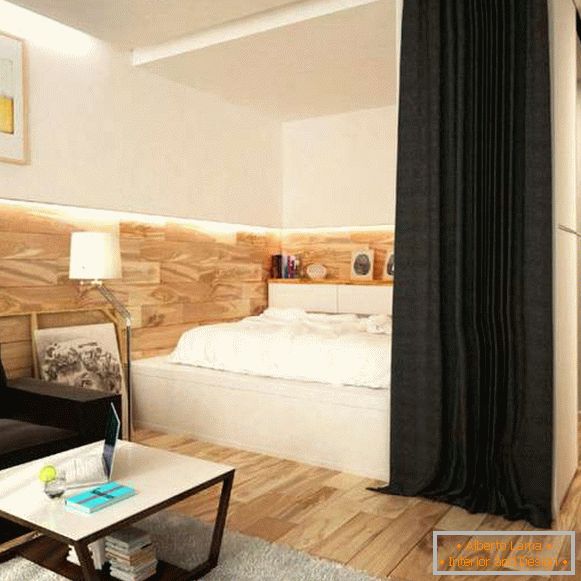 Projekt wnętrz małego mieszkania - oddzielenie sypialni od zasłon