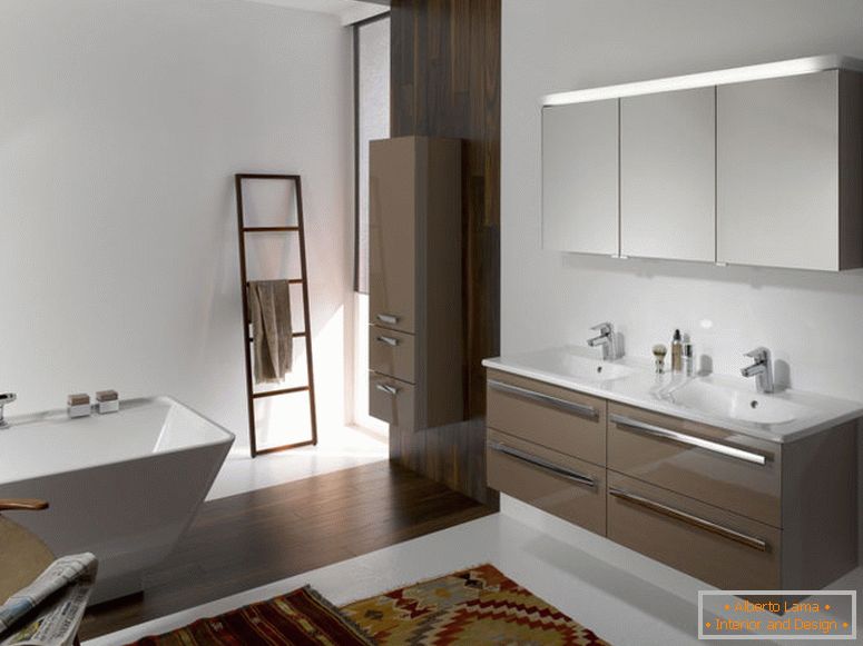 kusząco-nowoczesny-łazienka-projekt-pomysły-akcesoria-wnętrze-z-brązowym-unoszącym-toaletką-szafka-wzdłuż-dwa-biały-umywalka-również-chrom-kran-oraz-zamontowany-na ścianie-prostokąt-lustro-również- biały-wolnostojący-b