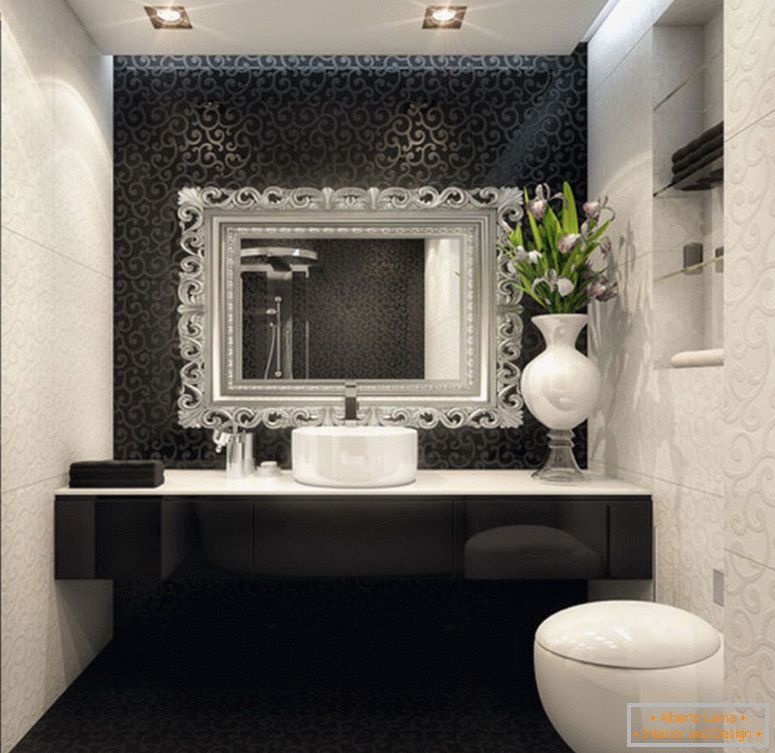 piękne wnętrza z małym pokojem z czarno-białymi dekoracjami łazienkowymi i lampami