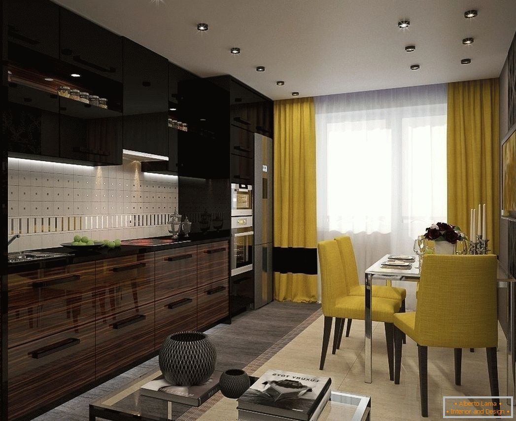 Czarno-żółte wnętrze kuchni