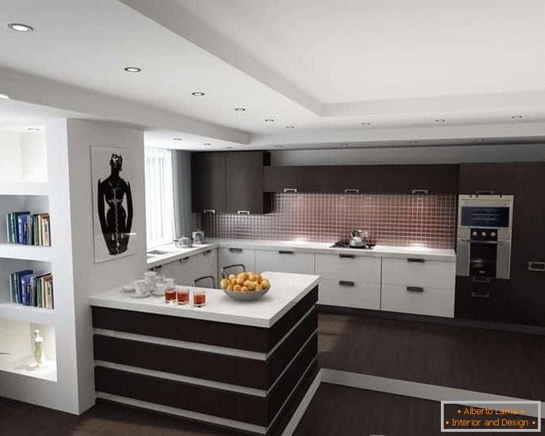 Dwupoziomowy sufit w kuchni w stylu high-tech