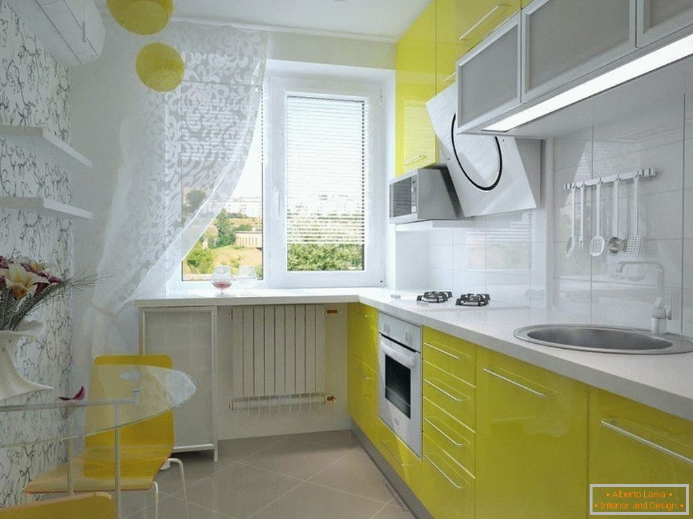 Wnętrze kuchni w kolorze białym i żółtym