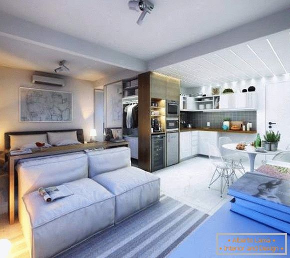 Pomysły na projekt mieszkania typu studio 30 m kw. - zdjęcie salonu, sypialni i kuchni