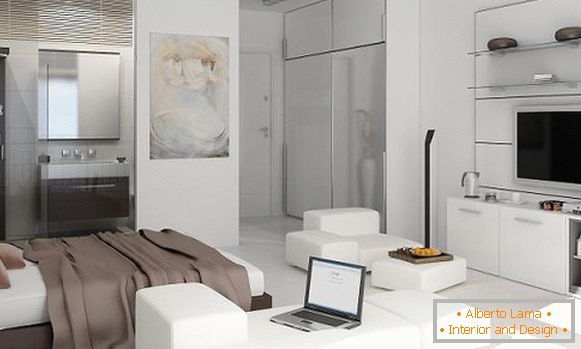 Apartament typu studio o powierzchni 25 m² w kolorze białym i jasnych kolorach