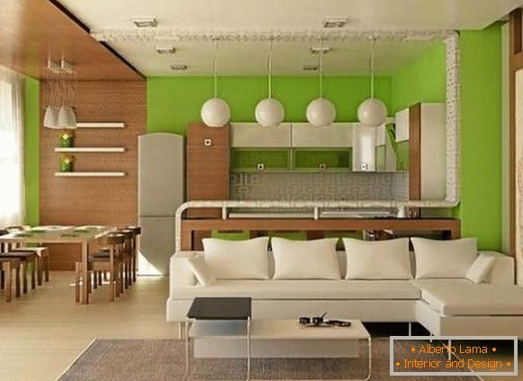 Projekt designerski apartamentu typu studio o powierzchni 25 m2 w odcieniach bieli, zieleni i brązu