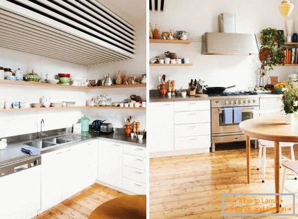 Skandynawski projekt kuchni w Chruszczow - na zdjęciu z otwartymi półkami