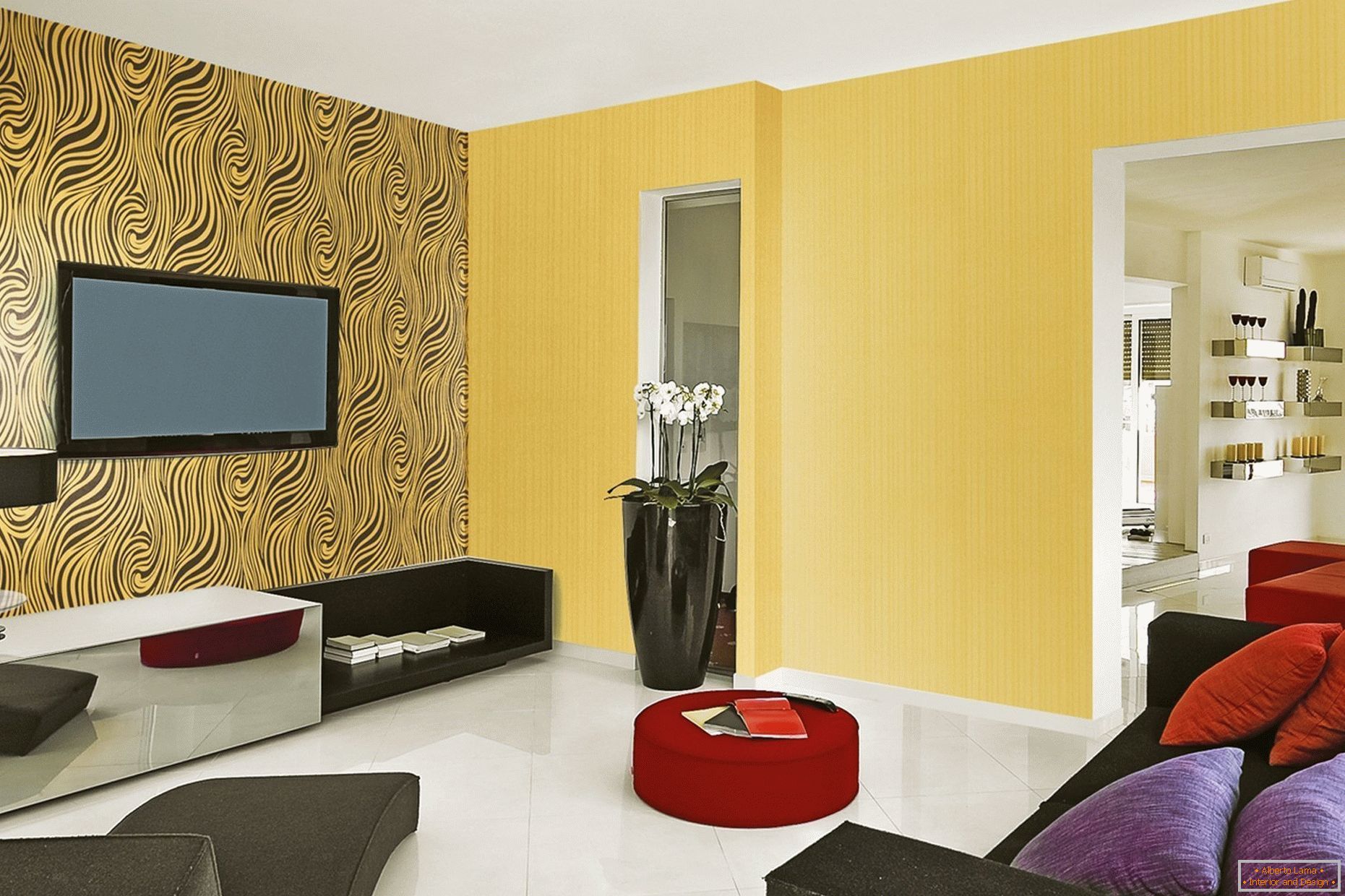 Żółte ściany i biała podłoga w salonie