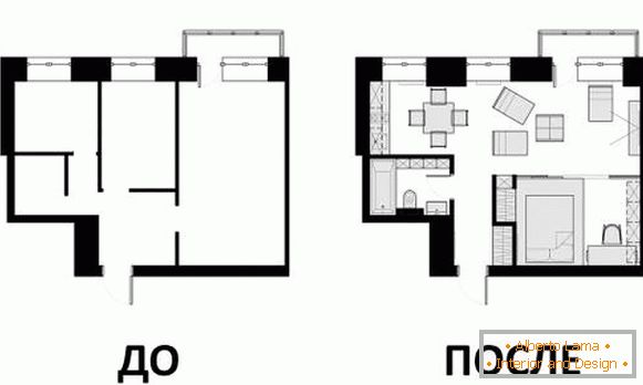 Projekt mieszkania 40 m kw. - rysunek przed i po