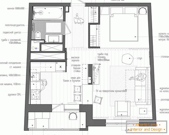 Projekt projektu fotograficznego jednopokojowego mieszkania o powierzchni 40 m2