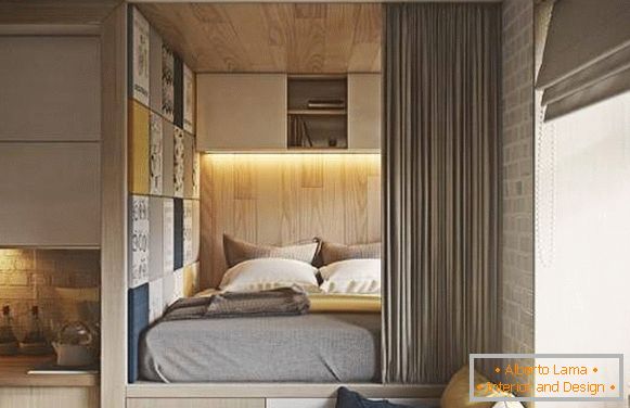 Narożnik do sypialni w małym apartamencie typu studio o powierzchni 40 m2
