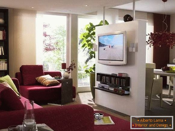 Projekt jednopokojowego mieszkania - podzielony na dwie strefy przez partycję z telewizorem