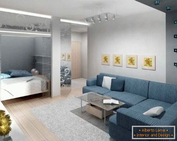 Projekt mieszkania jednopokojowego: podzielony na dwie strefy: sypialnię i przedpokój