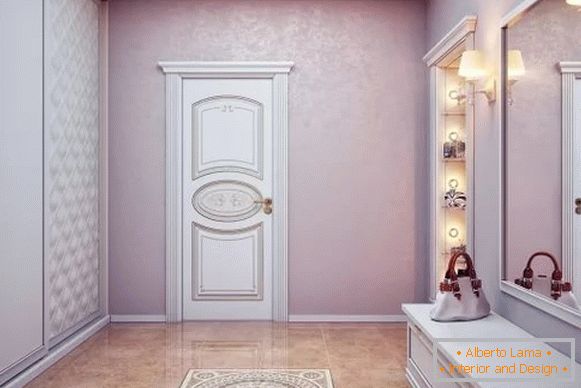 Projekt dużego korytarza w prywatnym domu z białą zabudowaną szafą