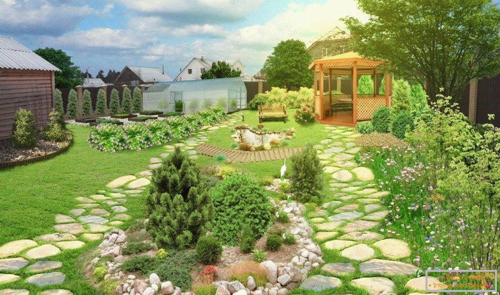 Ogród z pergolą i kamiennymi ścieżkami