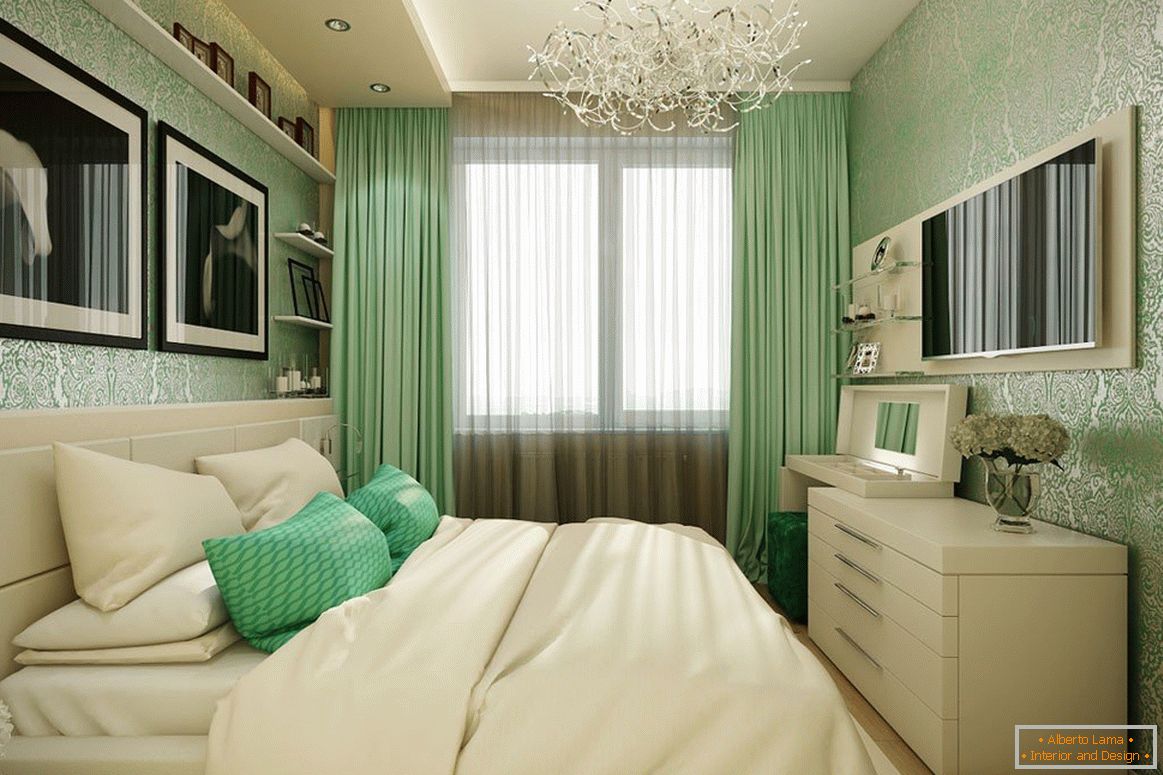 Sypialnia w beżowo-zielonych kolorach