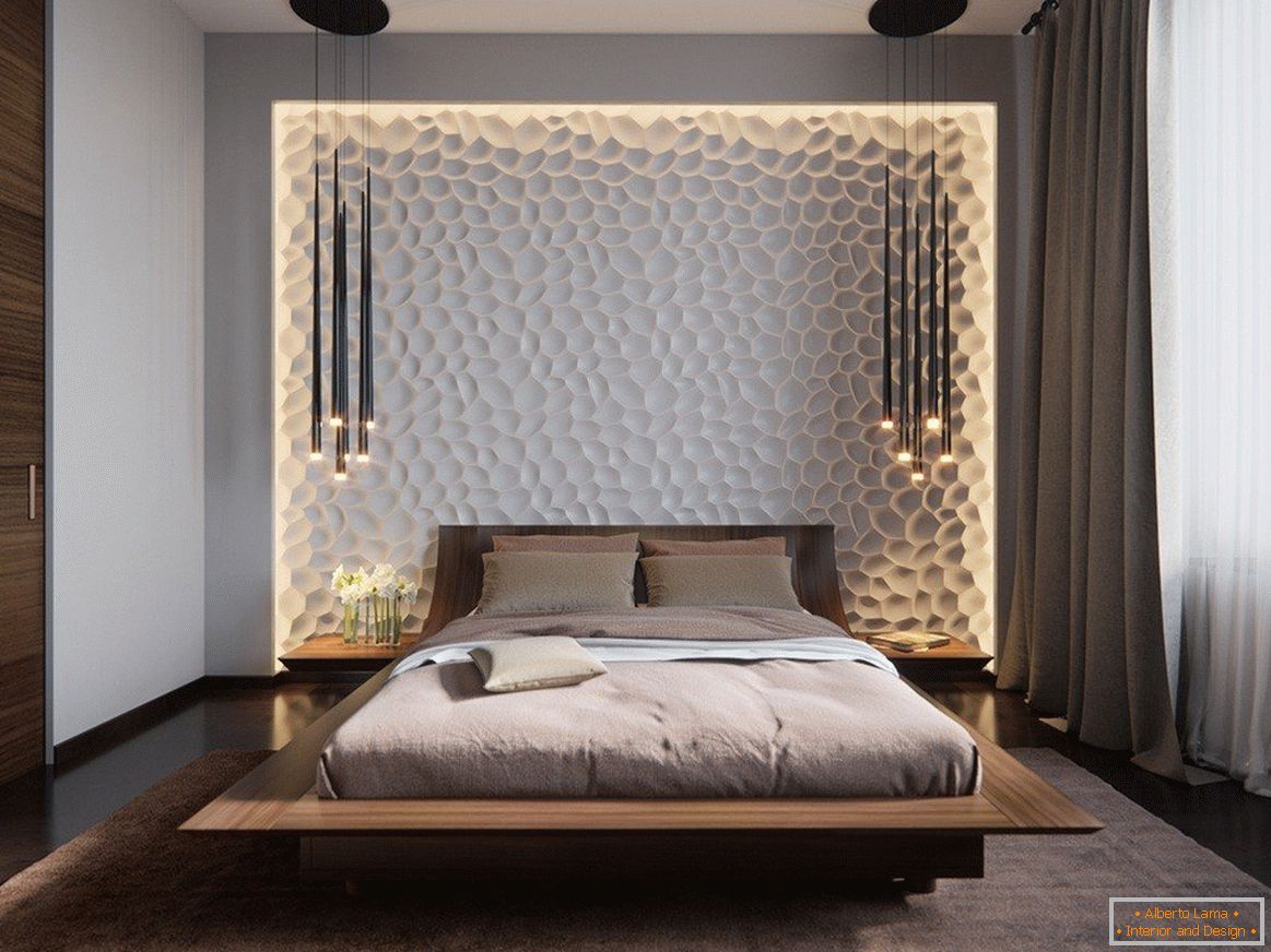 Panele 3D na ścianie sypialni z oświetleniem