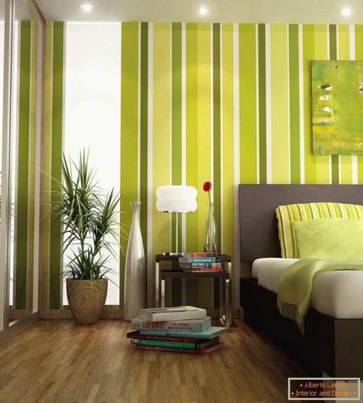 Wnętrze małej sypialni w zielonych kolorach