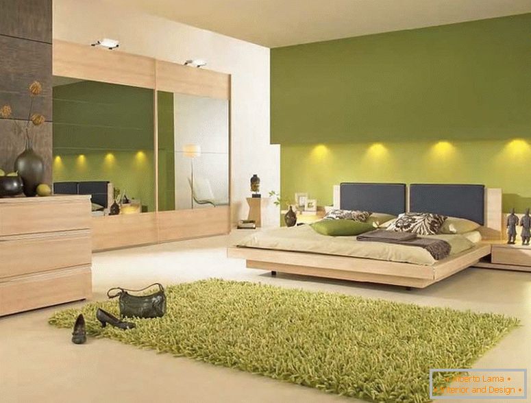 Wnętrze sypialni w kolorach zielonym с подсветкой 