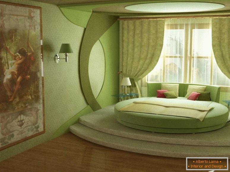 Zielona sypialnia z okrągłym łóżkiem