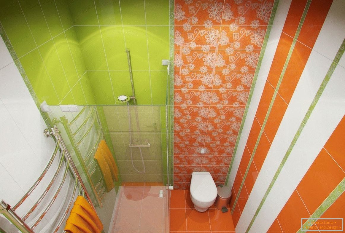 Pomarańczowe i zielone kafelki pod prysznicem