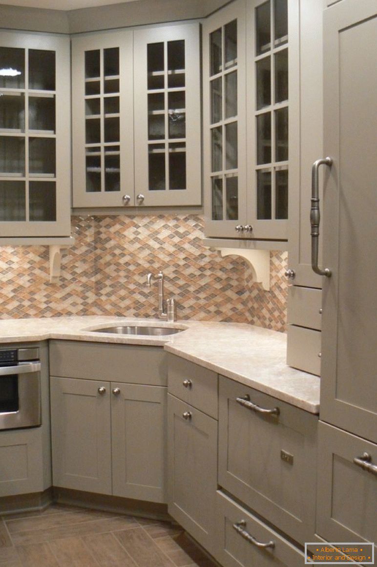 szaro-kuchenne szafki do przechowywania w kolorze nowoczesnym i pluszowy narożnik-design-z-mozaiką-backsplash-tile