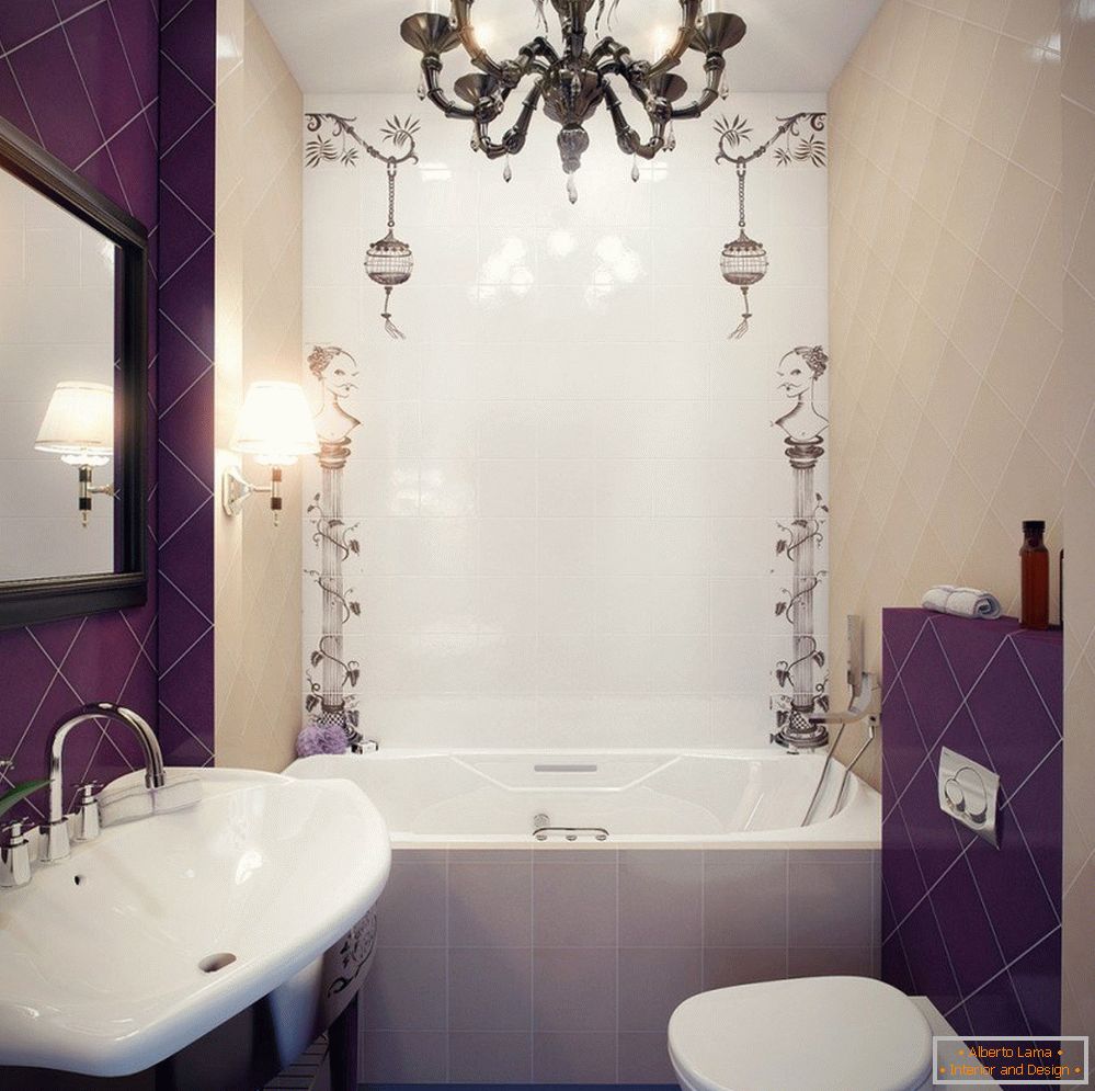 Wykończenie wąskiej łazienki z fioletowymi kafelkami