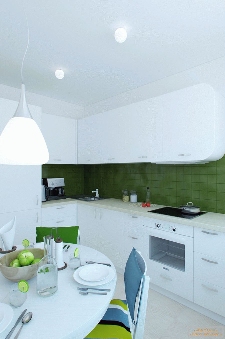 Projekt wnętrza kuchni w kolorach białym i zielonym