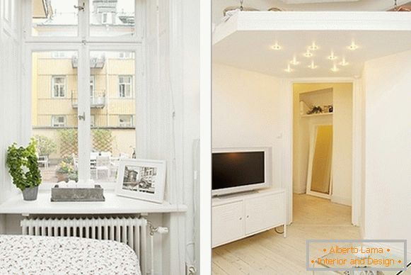 Wnętrze wygodnej sypialni i salonu w Szwecji