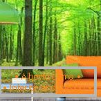 Pomarańczowa kanapa na zielonym lasowym tle
