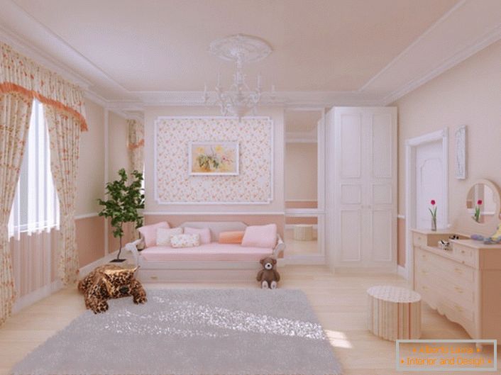Ładny pokój dziecięcy urządzony jest w stylu rustykalnym. Do dekoracji służy również sztukateria z poliuretanu. 