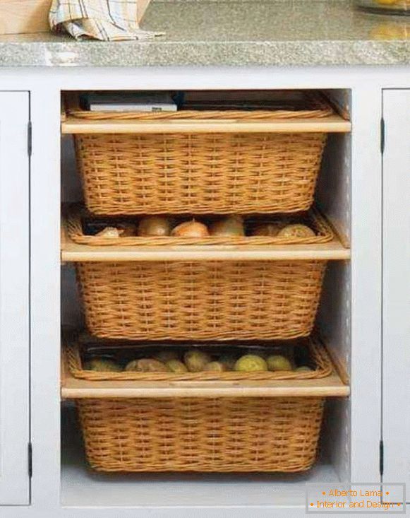 Przechowywanie warzyw i owoców w kuchni w koszach