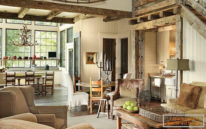 Prawidłowo dobrane połączenie mebli i mebli we wnętrzu salonu sprawia, że ​​styl wiejski jest twórczym i nietypowym rozwiązaniem do dekoracji. 