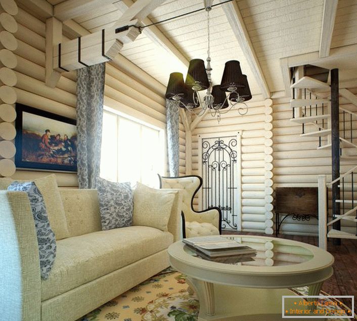 Pokój gościnny w nowoczesnym stylu rustykalnym ozdobiony jest dywanem z kwiatowym wzorem oraz obrazem o tematyce tematycznej. 